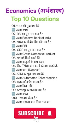 Economics Top 10 Questions for Exams | GS Economics Important Questions #Economics #GS #GK #Shorts