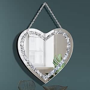 DMDFIRST Crystal Crush Diamond Heart Shaped Silver Mirror with Silver Stainless Steel Chain for Wall Decoration 12x12x0.5 inch Frameless Glam Mirror