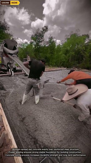 Workers Spread Wet Concrete Over Reinforcement for Durable Slab Construction