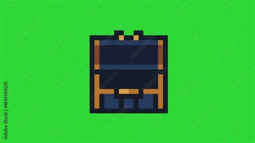 open and close blue treasure box animation in pixel art style with green screen background