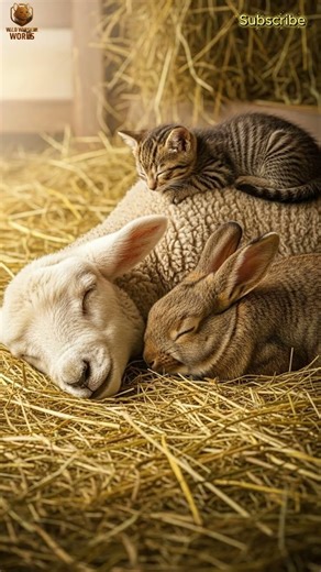 🐑 Lamb, Bunny & Kitten Nap Together in Hay 🐰🐱 | Real Farm Sweetness