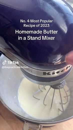 You all LOVED making homemade butter this year! The 4th most popular Practical Kitchen recipe of 2023 was this easy method for making homemade butter in a stand mixer! Just one ingredient is all you need salt or any other flavors you want to add to your butter. Don’t forget to save the buttermilk — you can absolutely use it for baking! ⁠#butter #homemadebutter #breadandbutter #heavycream #diybutter #standmixer #standmixerrecipe