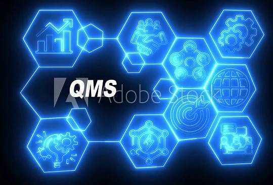 Quality Management Systems (QMS) Explained QMS Process and Integration Streamlining Operations with QMS Understanding QMS in Business on the black background.