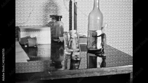 Retro, alcoholism concept, animation. Promoting bad habits, addiction. Stop motion funny cartoon. Problems alcoholism in eighties. Propaganda no alcohol law. Vintage black white film. 1980s archive