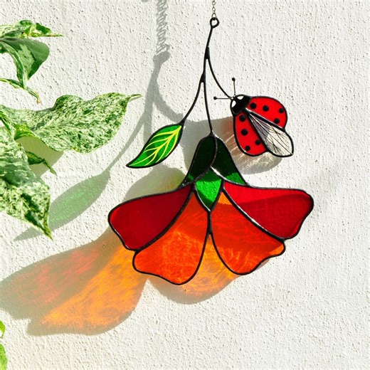 Ladybug on Flower Stained Glass Suncatcher | Botanical Window Hanging Gift for Her - Etsy
