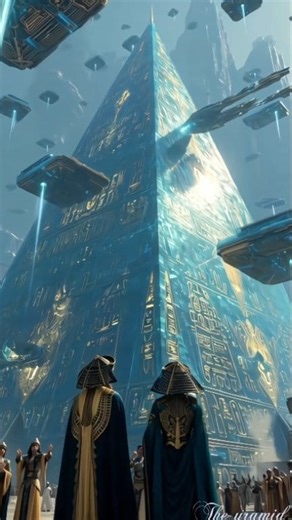 20K views · 1K reactions | A close-up view of people standing and walking near a giant futuristic blue crystal pyramid temple, inspired by ancient Egyptian and Babylonian architecture. The people wear elegant ancient-style robes with golden ornaments, sunlight reflecting on their clothes and the pyramid’s glowing blue surface. #science #spaceship #pyramidbalancechallenge #future #innovativedesign #city #quality | BA Yan Aung | Facebook