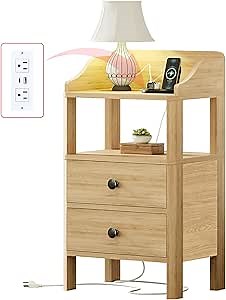 Night Stand 15.75-inch Narrow Nightstand with USB and Type-c Ports 2 Drawers and Open Shelves Modern Nightstand