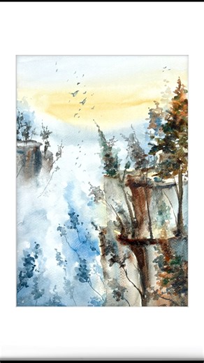 Watercolor painting process of a misty mountain cliff landscape