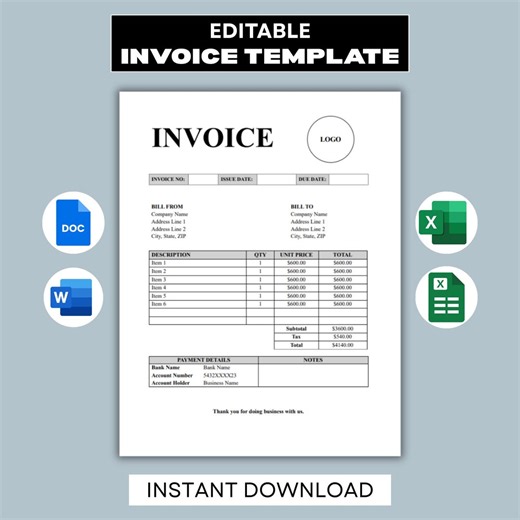 Invoice Template Word Excel Google Docs Google Sheets, Professional Invoice Template, Editable Invoice for Small Business, Digital Download - Etsy