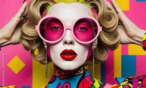 Bold fashion statement with vibrant colors and striking makeup in a creative photoshoot