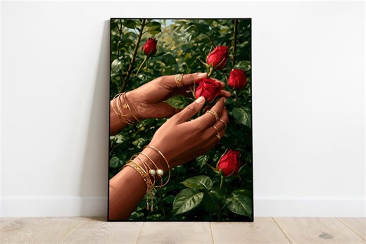 Black Woman Art, Black Woman Floral Wall Art Print, Afro Minimalist Art, Modern Boho Woman With Flowers, Green Hand Wall Decor, Red Roses - Etsy