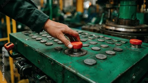 Technician pressing an emergency stop button on a metal stamping machine control panel to quickly halt operations during a safety drill