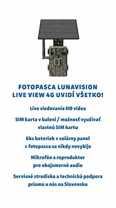 276 reactions · 30 shares | Fotopasca LunaVision Live View 4G uvidí naozaj všetko!  Podporuje live sledovanie HD videa + možnosť cloud uložiska.  Solárny panel, batérie, 64 GB pamäťová karta a SIM karta v cene! ➡️ Podrobné informácie a produkt nájdete tu: www.bit.ly/lunavision-live-view | huntingland.sk | Facebook