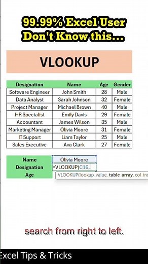 Reverse VLOOKUP in Excel, Must Known Excel Trick #vlookup #excelformula