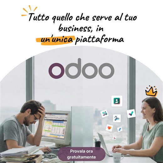Perché usare 10 strumenti diversi quando puoi usare Odoo? Integra completamente vendite, CRM, fatturazione, contabilità, magazzino, produzione, gestione progetti, HR, marketing, e-commerce, creazione siti web, assistenza sul campo... e oltre 80 app. Un'unica interfaccia. Un unico prezzo. Visibilità totale. Inizia subito! | Odoo