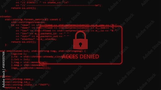 Cybersecurity concept of Access Denied with a red padlock symbol overlaid on a computer code screen with error messages, symbolizing digital security breach and unauthorized entry