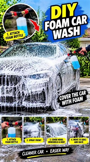 Car wash hack using a foam sprayer and soap bottle. Watch how the car gets covered in thick foam from front to back. #clean #satisfying #car #usa #hack