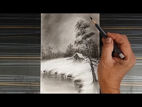 Step by step pencil drawing of beautiful winter landscape scenery with easy ways.