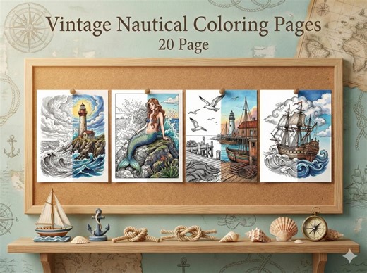Vintage Nautical Coloring Pages for Adults, 20 Page Maritime Ocean Scenery, Antique Sea Creature Art, Lighthouse Ship PDF, Digital Download