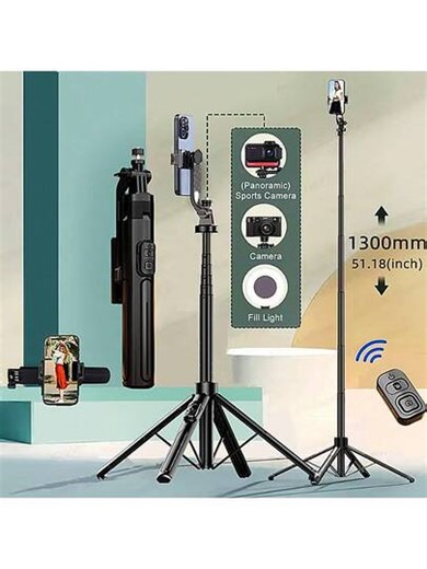 Aluminum Alloy Selfie Stick With Tripod Legs & Bluetooth Remote Control, Multi-Functional Extendable Phone Holder Tripod Suitable For Smartphones, Fill Light And Cameras, Compatible With IOS And Android Phones | SHEIN
