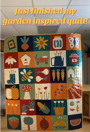 For northern gardeners, winter can feel like an eternity so to get me through these 6 months of dreary winter days, I made a bright and cheery garden inspired quilt. I just got it back from the longarmer and I’m so happy with how it turned out! #quilting #quiltersoftiktok #quilt #sewing #sewingtiktok #garden #gardening #homestead #homesteading