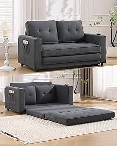55" Folding Floor Sofa & Armchair Bed, Loveseat Sleeper - Convertible Pull Out Sofa Bed with Cup Holder for Small Space Dorm & Apartment
