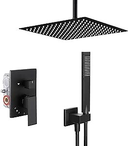 KES Shower System Ceiling Shower Head 12 Inch Rainfall Shower Head with Handheld Shower Faucet Set Shower Valve and Trim Kit Matte Black, XB6235S12-BK