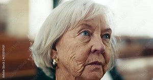 Church, sad and face of senior woman at a funeral for final goodbye, respect and burial. Death, service and elderly female widow mourning, loss and grief, RIP and farewell gathering or ceremony