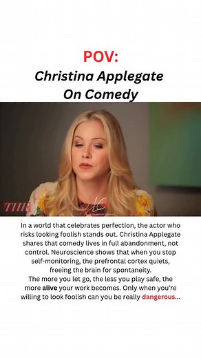 Christina Applegate: great comedy starts where control ends. When you risk looking foolish, you open the door to real freedom. Science backs it up: when self-monitoring drops, the brain’s prefrontal cortex quiets, freeing you to improvise and respond truthfully in the moment. Perfection protects you. Vulnerability connects you. Only when you let go of control can you find something alive, unpredictable, and human. Credit: The Hollywood Reporter Disclaimer: This video is for educational purposes,
