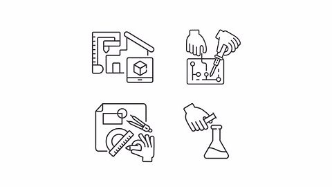 Engineering hobbies animation set. Modern craft animated line icons. Technologies, science. Construction, research. Black illustrations on white background. HD video with alpha channel. Motion graphic