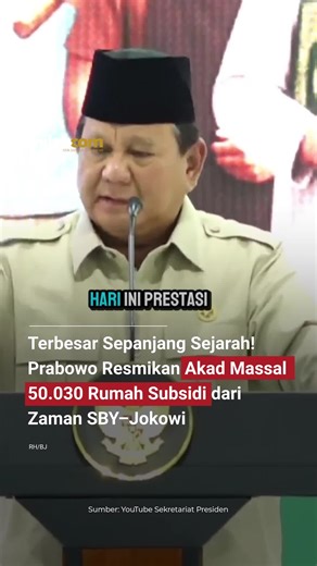 Presiden Prabowo Subianto menghadiri akad massal 50.030 Kredit Perumahan Rakyat Fasilitas Likuiditas Pembayaran Perumahan (KPR FLPP) dan serah terima kunci tahun 2025 di Banten, Sabtu (20/12/2025). Prabowo menyebut penyerahan kunci rumah dan akad massal ini merupakan upaya pemerintah dalam membantu rakyat yang masih membutuhkan pertolongan untuk kehidupan yang lebih layak. Penandatanganan akad massal secara serentak di 33 provinsi Indonesia ini merupakan yang terbesar sepanjang sejarah. Dalam ac