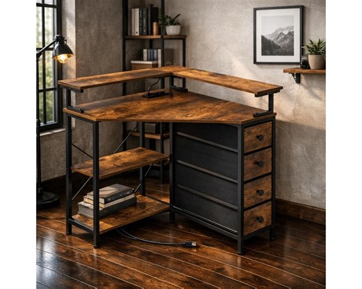Corner Desk With Drawers – 90 Degree Triangle Computer Workstation (LED Lights, Power Outlets) - Etsy