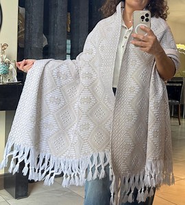 Traditional Handwoven Mexican Rebozo Shawl From Puebla |white & Khaki Loom-woven Shawl | 80x28 in | Casaartmex - Etsy