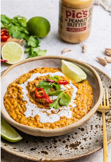 Warm up this winter with this Creamy Peanut Butter Dahl recipe by our pal Olivia Moore 🥜 Serves 2 Ingredients: 2 tsp coconut oil 1 small onion, finely chopped 2 cloves garlic, minced 1 tsp grated ginger 1 teaspoons curry powder 1/2 teaspoon ground turmeric 1/2 teaspoon ground cumin 1/2 teaspoon chili powder 1/2 teaspoon garam masala ½ tsp salt 1/4 teaspoon ground coriander 1/2 cup split red lentils 400g crushed tomatoes 1 cup vegetable stock 150ml coconut milk (plus extra to top) 2 tbsp Pic’s S