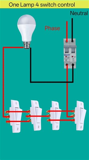 One Bulb 4 Switch Control Wiring2 Way + Intermediate Switch Connection#shortsfeed#shorts#shortvideo