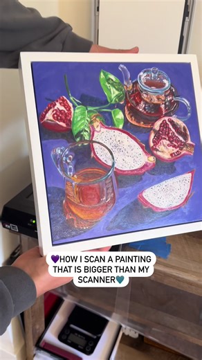 🩵 These are the steps I take to scan a painting that is bigger than my scanner!💜 ✨my Epson Perfection v600 scanner is a little shy of 9x12. So for paintings that are bigger than this I scan them I multiple sections then stitch them together manually. I know that photoshop has an automation for this but sometimes I prefer to do it myself.✨ 1️⃣ After I scan my painting in multiple scans I make photoshop file that is the size of the whole painting. I bring in the scans and start lining them up. I