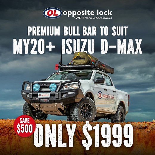 Save $500 this month when you purchase our MY20 Isuzu D-Max Premium Bull Bar!* Made from high-grade steel to offer outstanding protection, functionality, and good looks. This bar is packed with features: - Compatible with all tech pack features - Hi-lift jack points - 3 x CB aerial mounts - Driving light mounts - ADR compliant - 2-year warranty And much more! Contact your local store for orders, https://oppositelock.com.au/ol/store-finder *$500 saving applies to Bull Bar only - excludes all acce