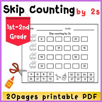 Skip Counting by 2s Cut and Paste Math Worksheets Grades 1-2
