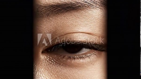 Detailed Close-up of a Brown Human Eye Slowly Opening and Peering Through a Dark Slit