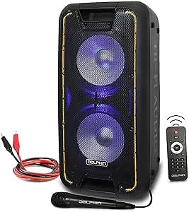 Dolphin Dual 10" Bluetooth Party Speaker - 1000W Big Speaker with 2 Wireless Microphones, Powerful Bass, Multicolor LED Lights, Tailgate Ready, Portable with Wheels & Handle, Long-Lasting Battery