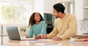 Laptop, education and a girl thinking with her dad in the kitchen of their home together for problem solving a homework question. Family, kids and home school with a child student distance learning