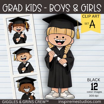 Kindergarten Graduation Kids Clipart Color — Cap and Gown, Black - Set A