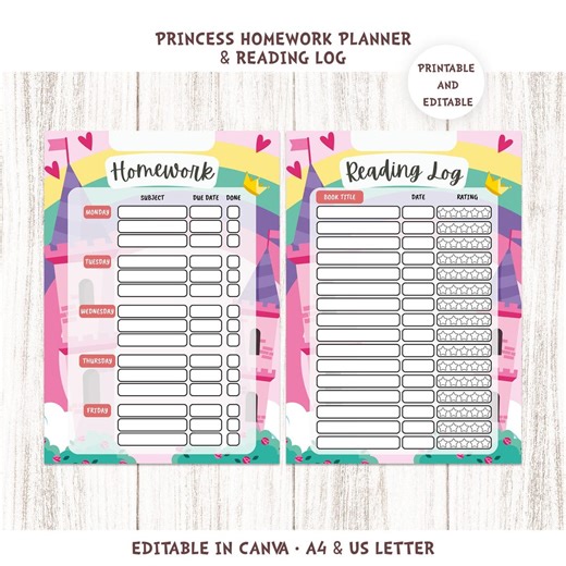Homework Planner & Reading Log Kids Printable | Student Planner PDF Canva Template - Etsy