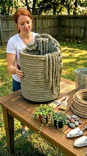 DIY Concrete Rope Planter | GENIUS Garden Hack! 🪴✨ #diy #upcycling #garden