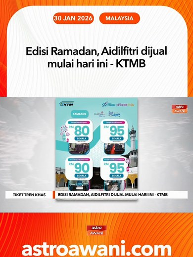 Keretapi Tanah Melayu Berhad (KTMB) memperkenalkan Perkhidmatan Tren Khas Excursion Railway to See Malaysia (RTSM) edisi Ramadan 2026 bagi laluan KL Sentral–Tumpat–KL Sentral serta perkhidmatan Ekspres Lambaian Aidilfitri (ELA) untuk laluan Pantai Timur dan Utara bagi tahun ini. #AWANInews