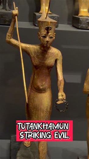 Tutankhamun Striking Evil: A King in Motion Description: This remarkable statue depicts King Tutankhamun captured in a rare moment of action and power. The young king is shown striding forward on a papyrus raft, wearing the Red Crown of Lower Egypt, a symbol of royal authority and dominion. With his right arm raised, Tutankhamun prepares to strike with a harpoon. According to ancient Egyptian belief, this dynamic pose may symbolize the king combating the forces of chaos and evil in the afterlife
