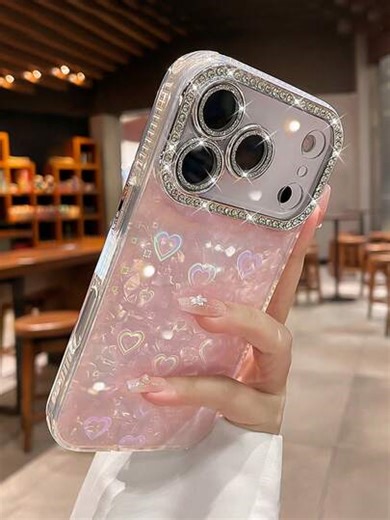 Minimalist Luxury Pink Sparkly Rhinestone Heart Acrylic Hard Phone Shockproof Case Compatible With IPhone 17 Pro Max/17 Pro/17 Air/17/16 Pro Max/16/16 Pro/16 Plus/15/15 Pro Max/15 Pro/15 Plus/11/12/13/14 Pro Max/11 Pro/11 Pro Max/12 Pro/12 Pro Max/13 Pro/13 Pro Max/7 Plus/14 Pro/14 Pro Max/14 Plus Creative Design Spring Birthday Gift Case | SHEIN
