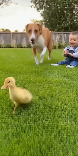 6.6K views · 113 reactions |  The duck wasn’t having it! Dog chases, baby laughs — and the duck turns back to scold him! 閭 Cutest little showdown in the backyard!  #FunnyDuck #babyanddog | Pawsitively Ridiculous | Facebook