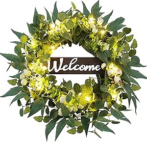 MARTINE MALL Eucalyptus Wreath 20 inch Wreaths for Front Door, Faux Eucalyptus Wreath with Welcome Sign, Spring Summer Green Wreath with Big Berries for Front Door Wall Window Farmhouse Porch Decor