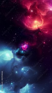 A slow rotating push into the heart of a fictitious cosmic nebula, featuring pink , teal, and red tones, Includes three different focal length shots.